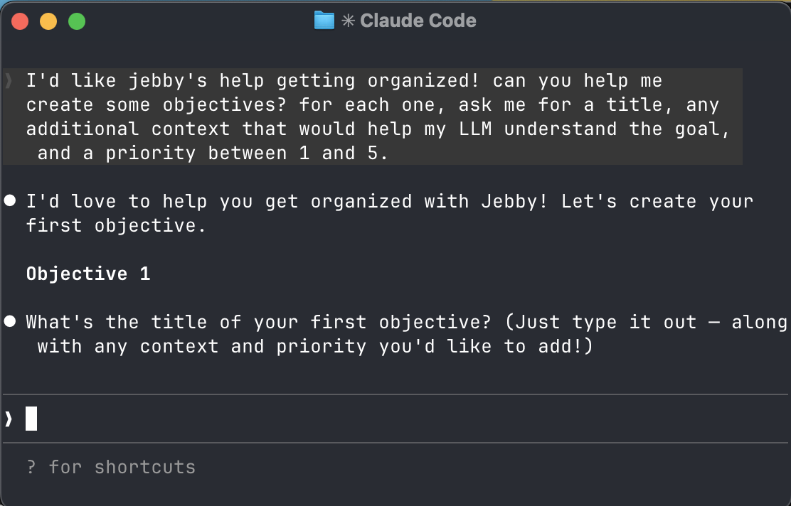 setting up objectives with jebby in Claude Code