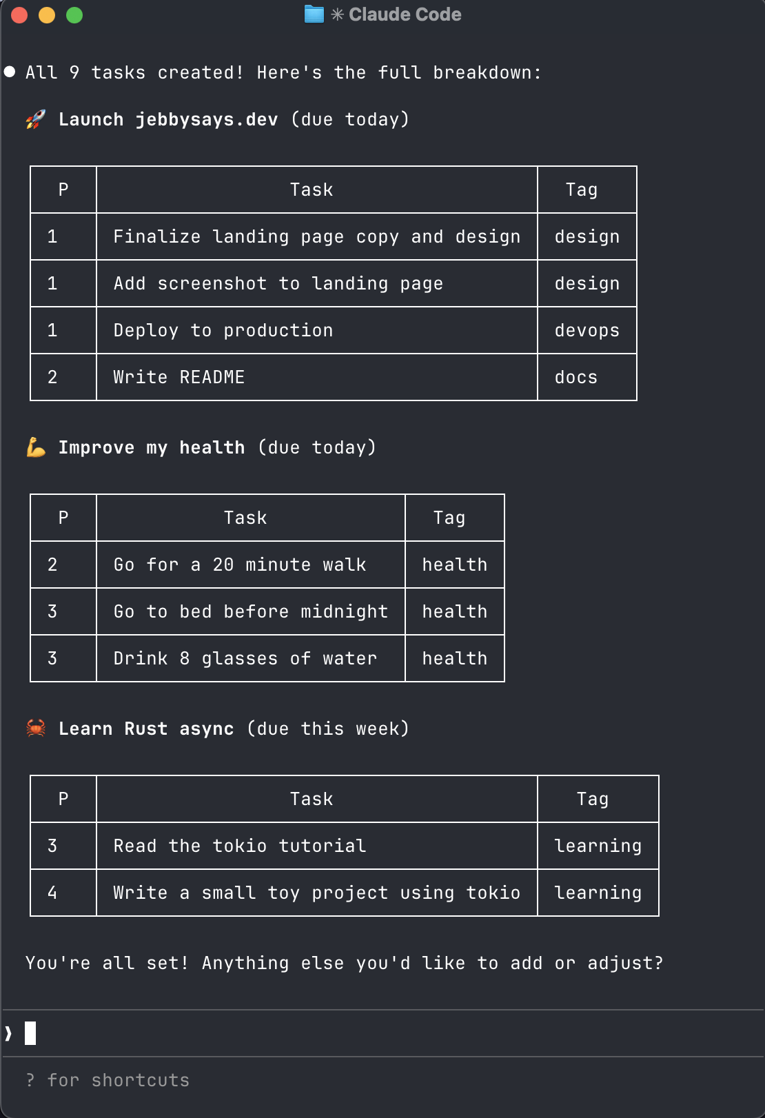 jebby breaking objectives into tasks in Claude Code