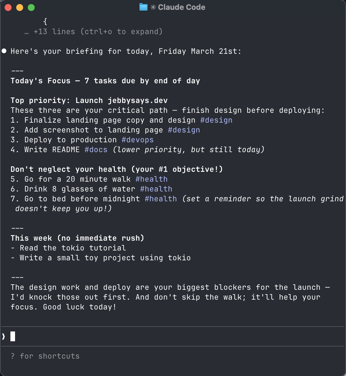 jebby's daily briefing in Claude Code